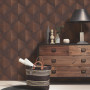 Room featuring dark earthy brown wallpaper and dark wooden drawers