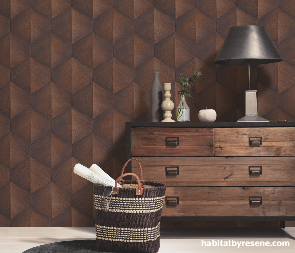 Room featuring dark earthy brown wallpaper and dark wooden drawers