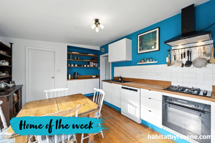 White kitchen painted with blue feature wall