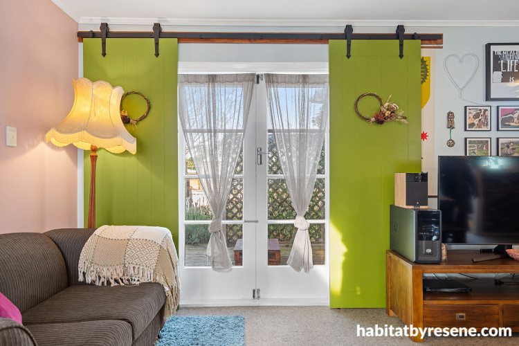 Living room featuring bold green barn-style doors