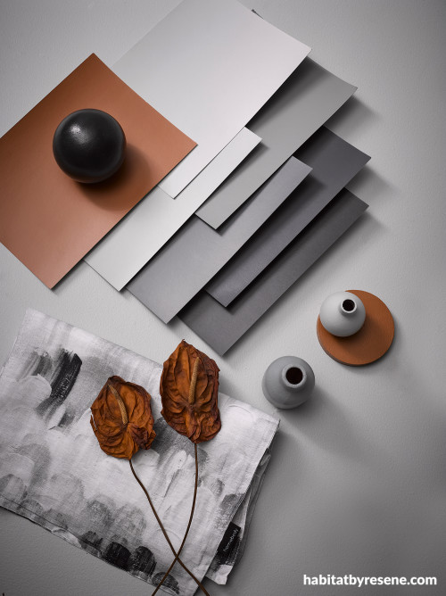 Grey moodboard with burnt orange accent colours