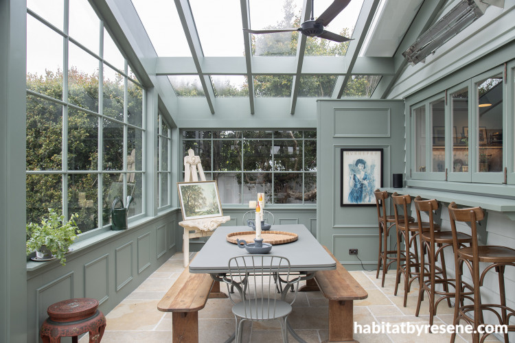 Orangerie, entertaining area, entertaining area featuring Resene Smoky Green