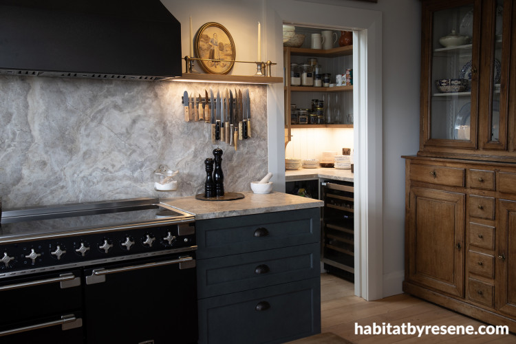 Kitchen, dark kitchen, moody kitchen featuring Resene Jurassic