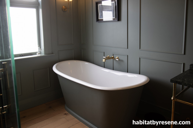 Bathroom, grey green bathroom, bathroom featuring Resene Smoky Green