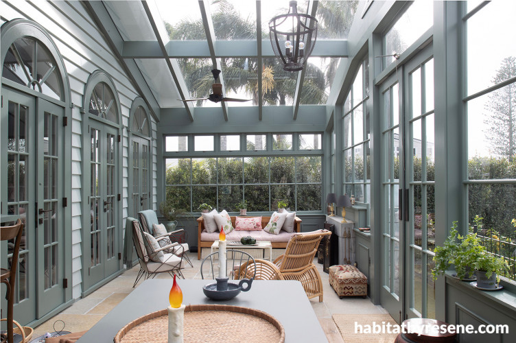 Orangerie, outdoor entertaining area featuring Resene Smoky Green