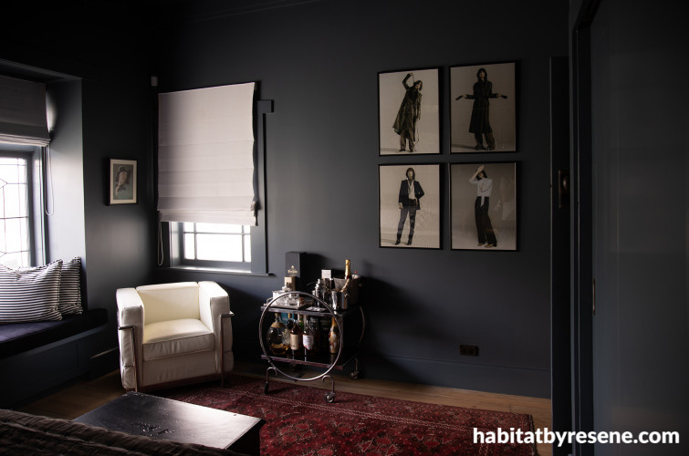 Bedroom, bold dark blue bedroom, bedroom featuring Resene Atomic