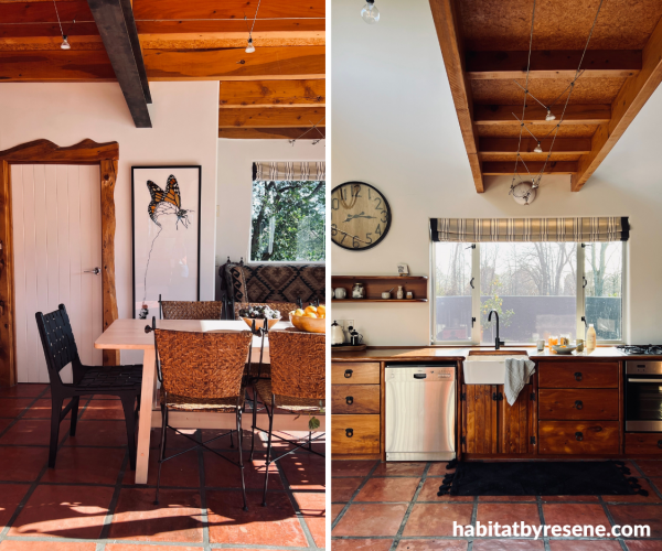Kitchen and dining area featuring timber features and Resene Bianca