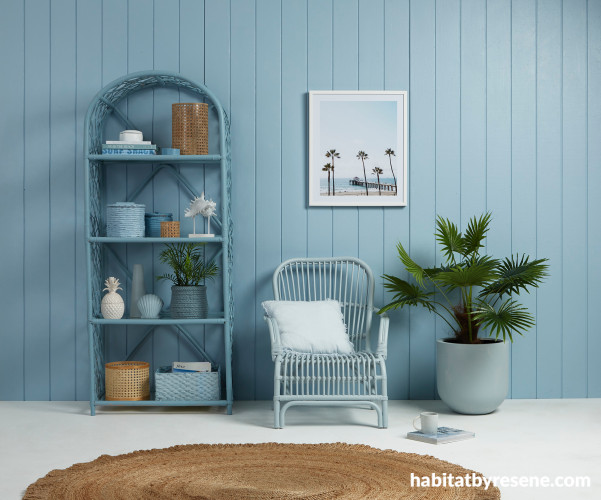 Patio with bookshelf and chair painted in Resene Froze and Resene Bali Hai