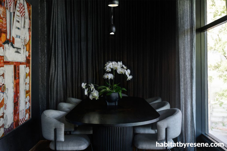 Dining room painted in black Resene Element