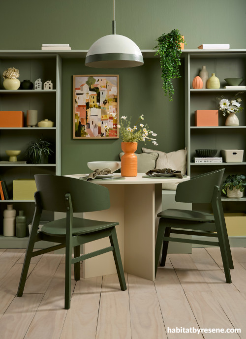 Dining room, olive green dining room, green dining room