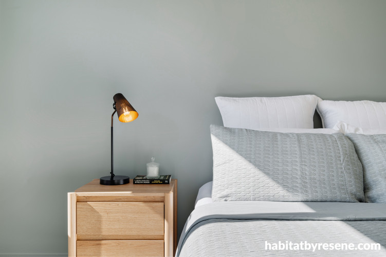 Bedroom, grey bedroom, bedroom featuring Resene Helix