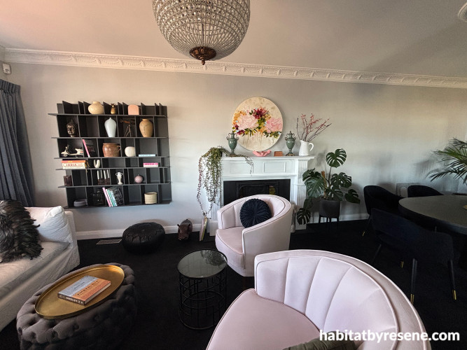 Living area, black and white living area, living area featuring Resene Quarter Silver Chalice