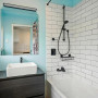 Bathroom featuring sky blue walls in Resene Morning Glory
