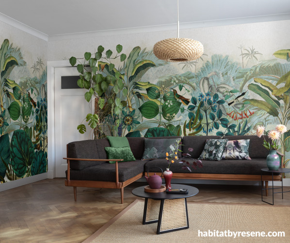 Living room featuring a Resene wallpaper wildlife mural