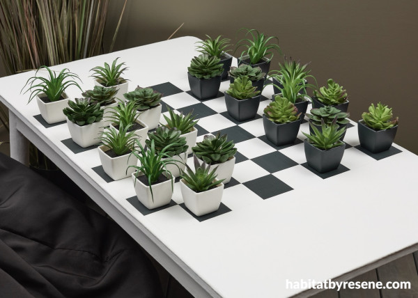 A group of potted plants on a checkerboard