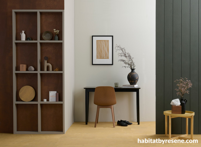 Office, earthy-inspired office, office featuring Resene Triple Merino and Resene Quarter Karaka