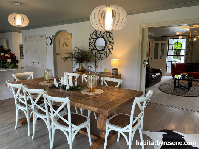 Dining room, neutral dining room, dining room featuring Resene Alabaster