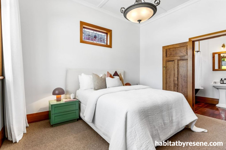 Bedroom walls in Resene Black White, ceiling and trims in Quarter Black White