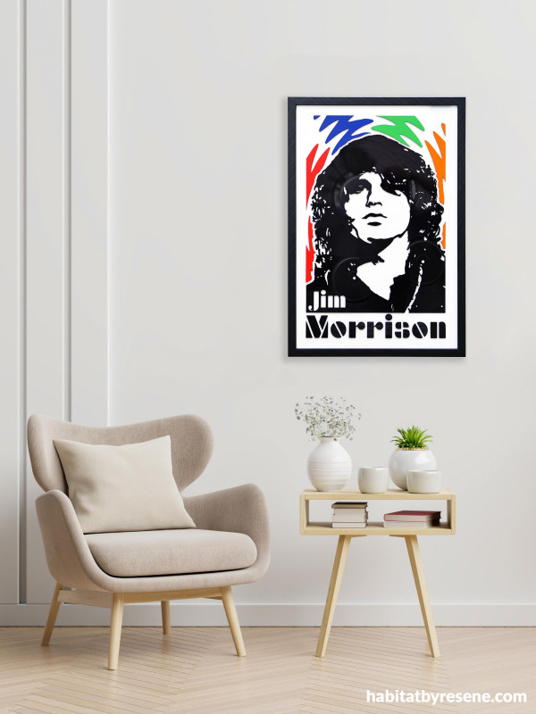 Glynn’s Jim Morrison Montage (650x440mm) painted in Resene Monza, Resene Resolution Blue, Resene Tree Frog and Resene Tangerine. 