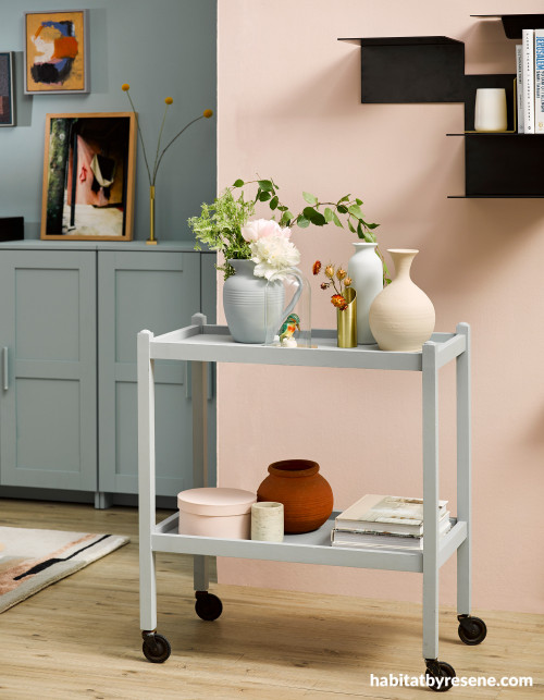 Living area, living area featuring pink and grey, living area featuring Resene Conch and Resene Blanched Pink