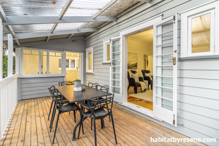 Exterior and outdoor decking area with exterior weatherboards painted in Resene Half Silver Chalice