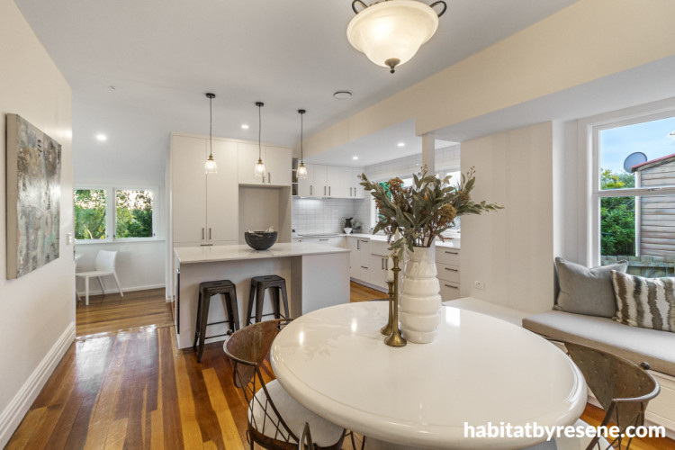 Open plan kitchen and dining painted in Resene Black White