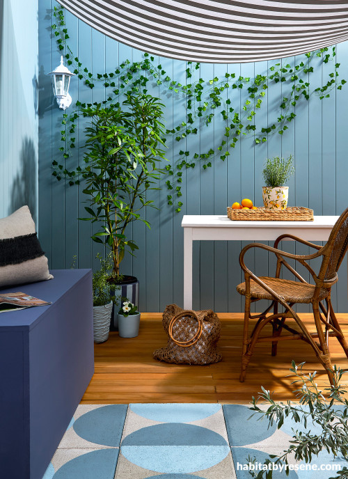 Outdoor patio featuring Resene Woodsman Natural, Resene Bluff and Resene Halcyon