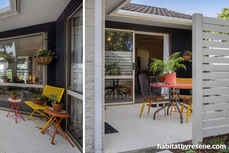 Patio painted in Resene Spanish White and Resene Black with furniture and accessories in bold Resene hues