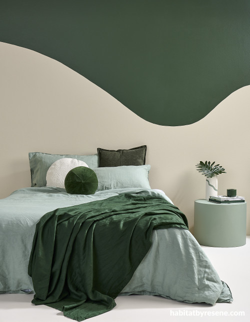 Green and beige bedroom