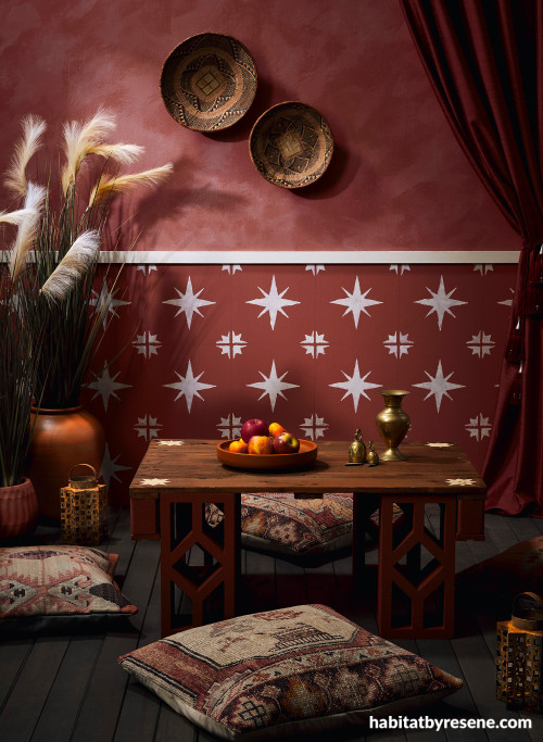 Moroccan-inspired space featuring Resene Apple Blossom with a top effects layer created using Resene FX Paint Effects Medium