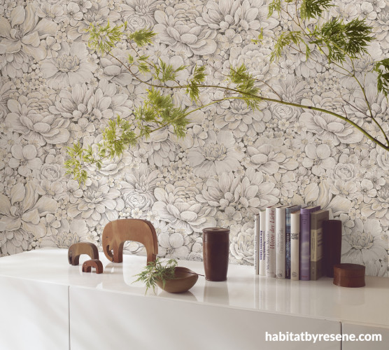 Hallway featuring neutral wallpaper with floral pattern