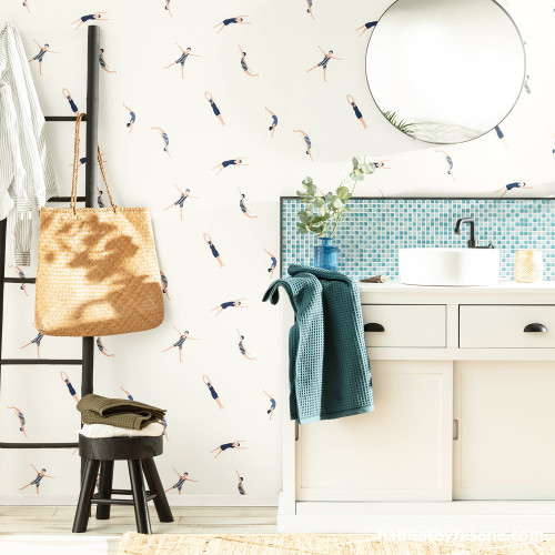 Bathroom with Resene Wallpaper Collection featuring people swimming