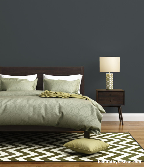 Bedroom, bedroom featuring statement wallpaper, dark grey bedroom