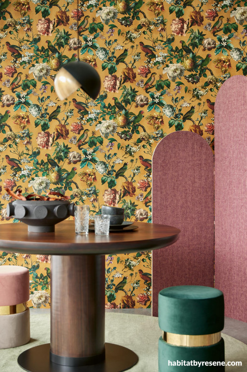 Living room, living room with floral wallpaper, living room with statement wallpaper