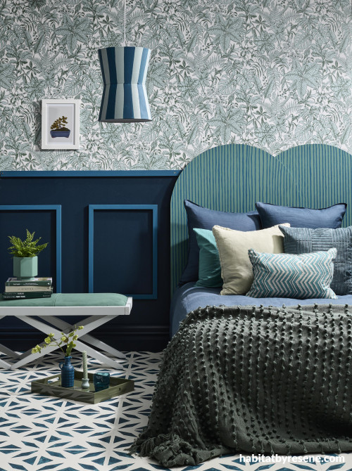 Bedroom, blue bedroom, bedroom featuring statement wallpaper