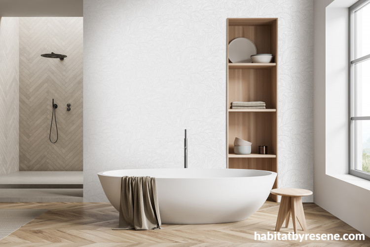 Bathroom, white bathroom, neutral bathroom, neutral bathroom with wooden features