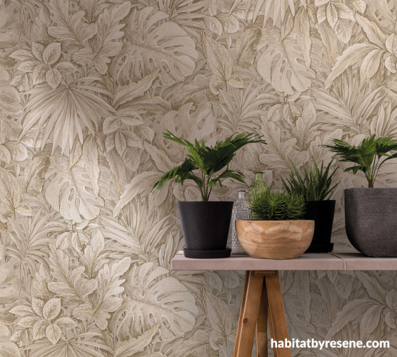 Hallway featuring leaf embossed Resene wallpaper in natural tones