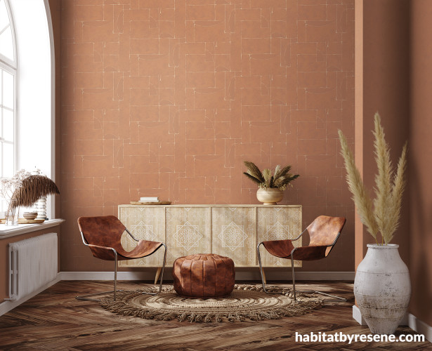 Living area featuring Resene Wallpaper in terracotta tones