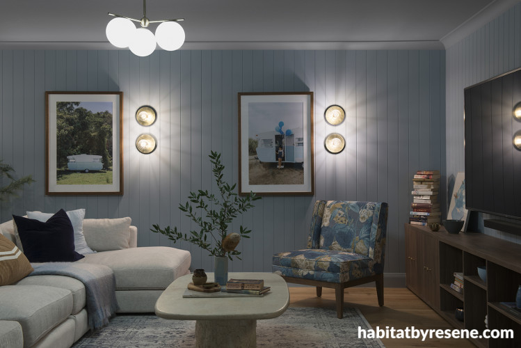 Living room painted in Resene Botticelli and Resene Black White