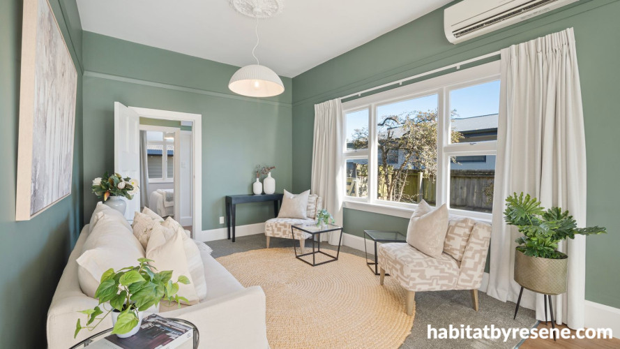 Living area painted in Resene Black White and Resene Vantage Point