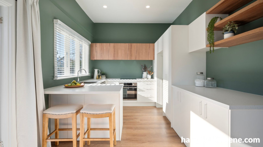 Kitchen painted in smoky green Resene Vantage Point