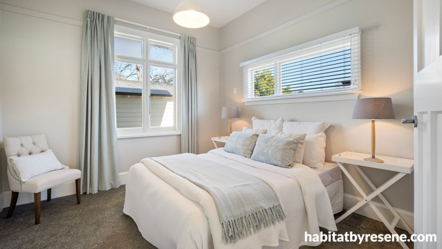 Neutral bedroom painted in Resene Double White Pointer and Resene Black White
