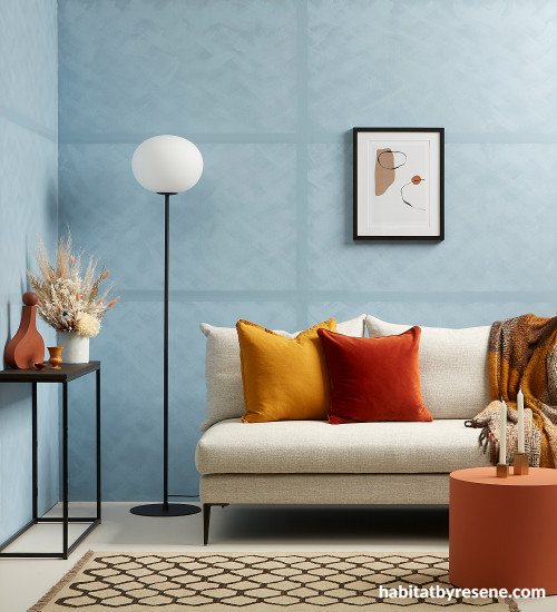 Living area painted in Resene Nepal with ‘tile’ paint effect in Resene FX Paint Effects Medium mixed with Resene Frozen