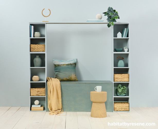 Entryway featuring walls and shelves painted in Resene Duck Egg Blue