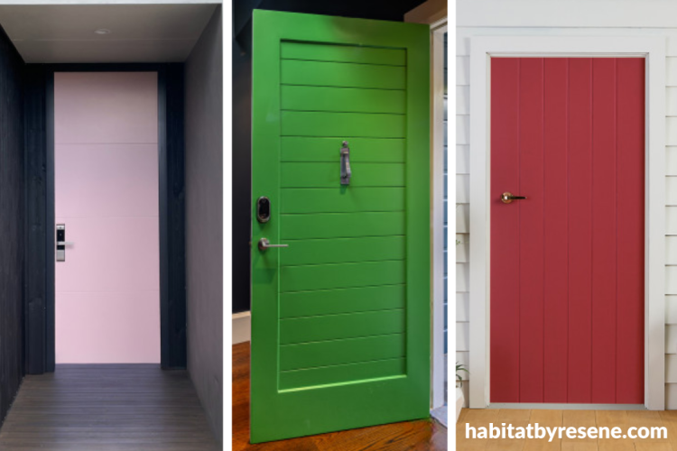 Front doors featuring Resene Paper Doll, Resene Bilbao and Resene Pohutukawa