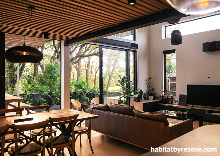 Open plan dining and living area featuring Resene Black White and Black Magic
