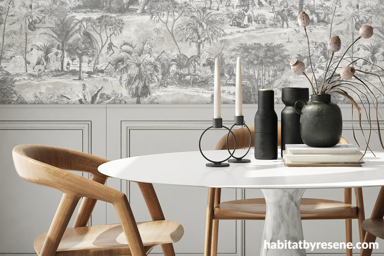 Dining area with wallpaper and wainscoating