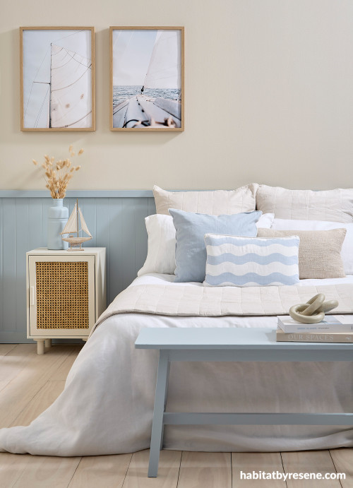 Bedroom featuring wainscoating and walls in Resene Parchment