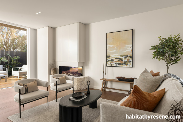 Living area featuring walls and ceiling in Resene Half Wan White