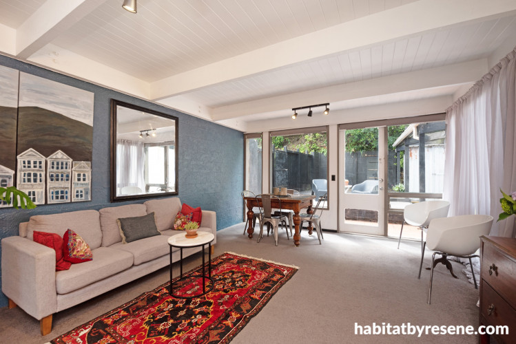 Living room, blue and white living room, living room featuring Resene Cello